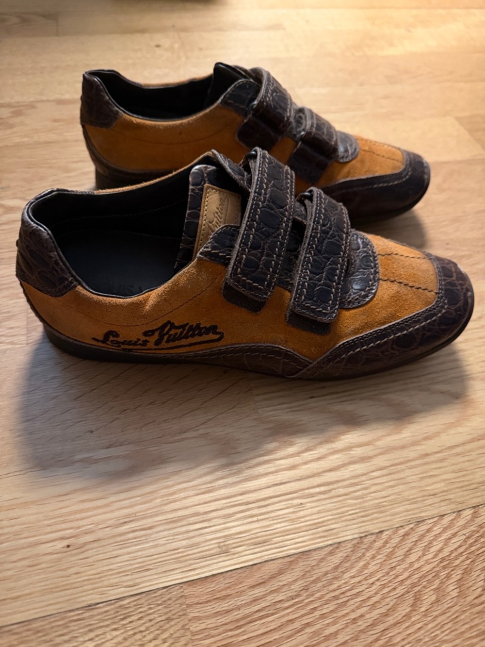 Vintage Louis Vuitton Women Yellow Suede Brown Croc-Embossed Strap Sneakers 37
